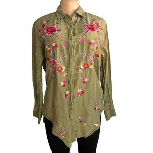 Zara Floral Embroidered Olive Green Long Sleeve Button Down Shirt